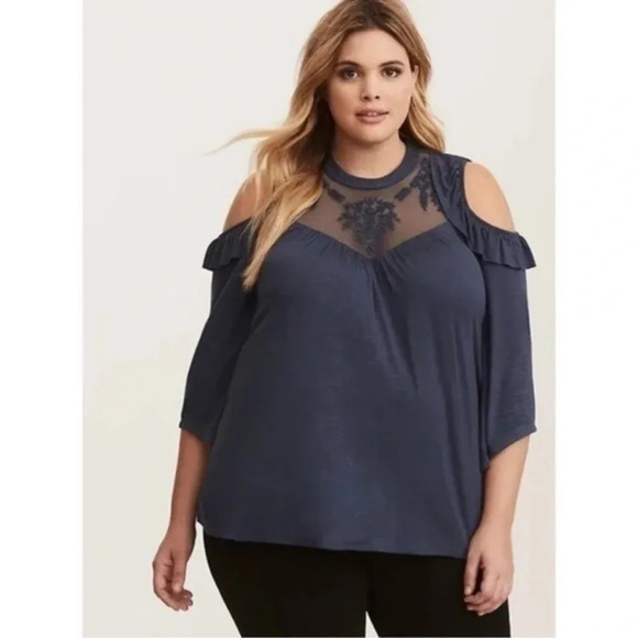 Torrid | Midnight Blue Lace Mesh Ruffled Cold Shoulder Top Blouse Plus Size 1X - Picture 1 of 5